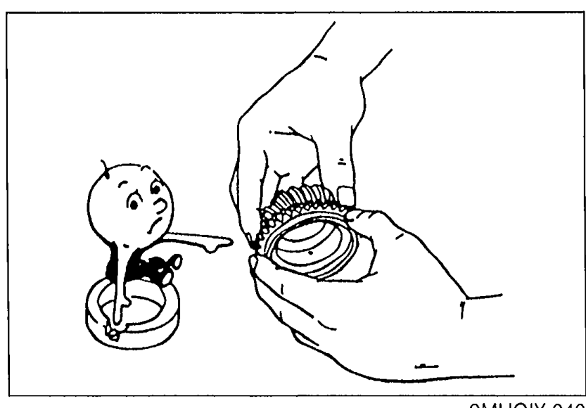 Cartoon of hands inspecting a removed gear/bearing component on a workbench, illustrating Inspection of parts.