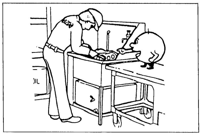 Cartoon of a technician cleaning parts in a parts washer, illustrating Cleaning parts for reuse.