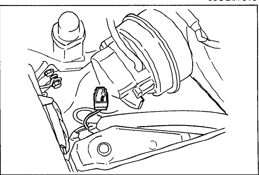Photo of the engine compartment showing the special power connector (blue, 1-pin) location for connecting external test equipment.