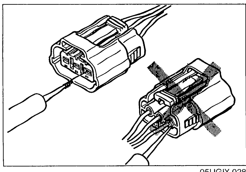 Waterproof connector being probed from the connector side using a fine wire/tester lead — illustrates inspecting waterproof connectors from the front because the harness side is sealed.