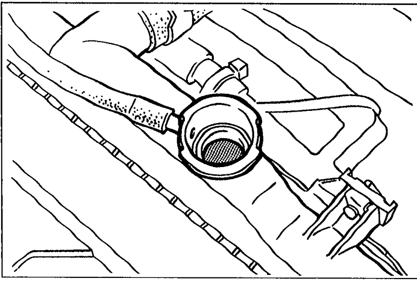 Engine bay view showing radiator filler neck/cap area for checking coolant level.