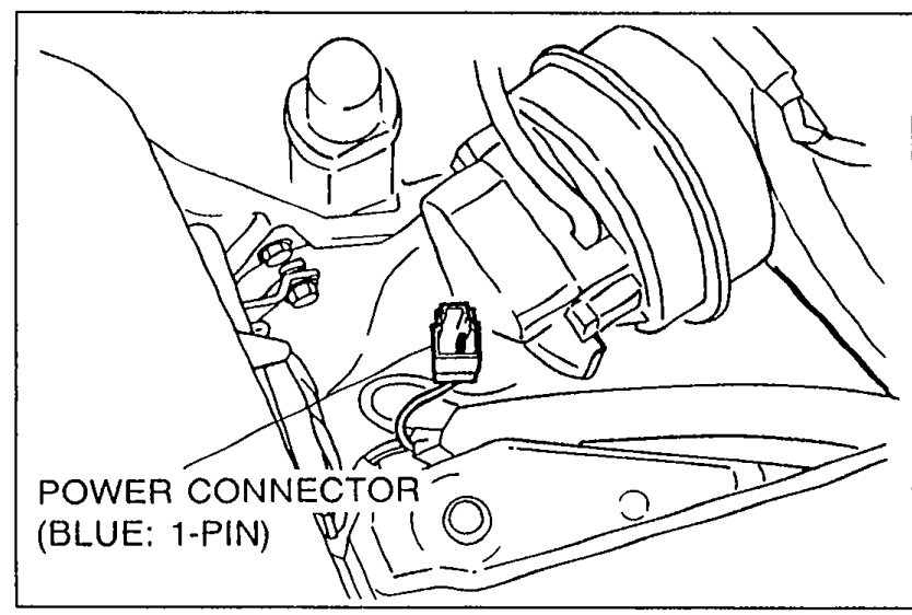 Engine bay close-up showing the POWER CONNECTOR (BLUE: 1-PIN) used for connecting an externally powered timing light/tachometer.