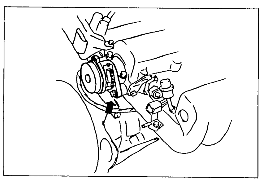 Engine view showing the crank angle sensor with lock bolt; used for adjusting ignition timing by rotating the crank angle sensor.