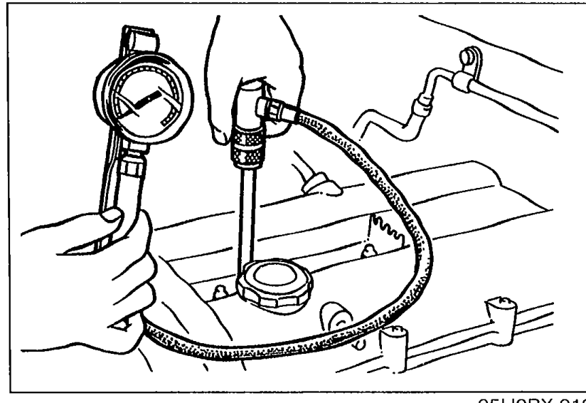 Hand-held compression gauge connected to a No.1 spark plug hole on the engine.