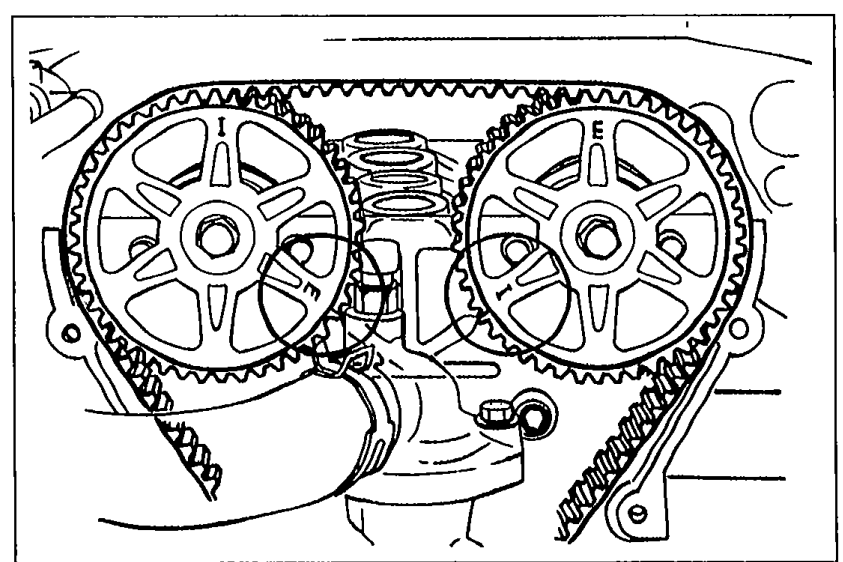 Camshaft pulleys and timing belt area showing the timing marks aligned on the crankshaft and camshaft pulleys.