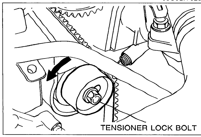 Tensioner pulley with TENSIONER LOCK BOLT labeled; curved arrow shows the rotation direction to loosen.