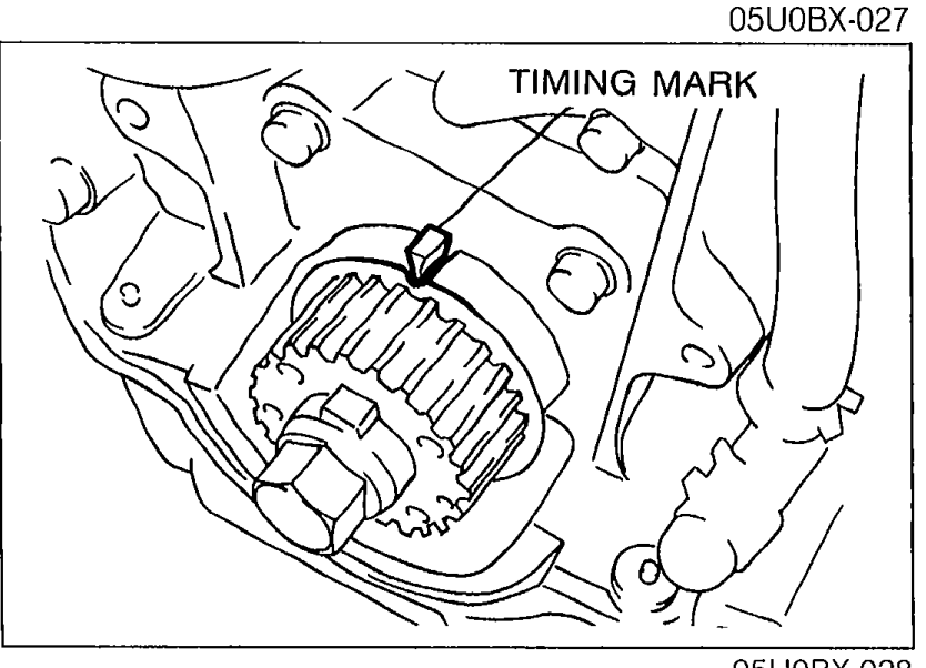Crankshaft area with TIMING MARK labeled, showing the timing belt pulley mark aligned with the timing mark on the engine.