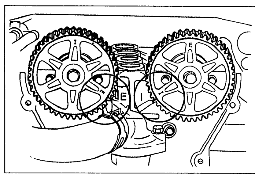 Top-end view of camshaft pulleys with timing belt installed, showing the two camshaft pulleys and seal plate marks for alignment verification.