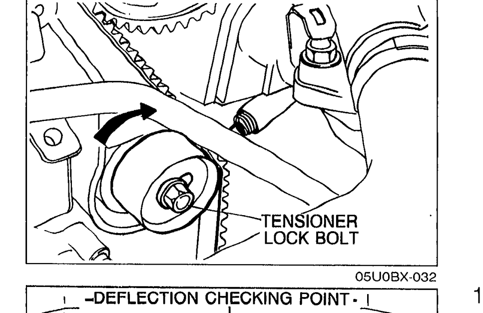 View showing the tensioner lock bolt location with arrow indicator on the engine.