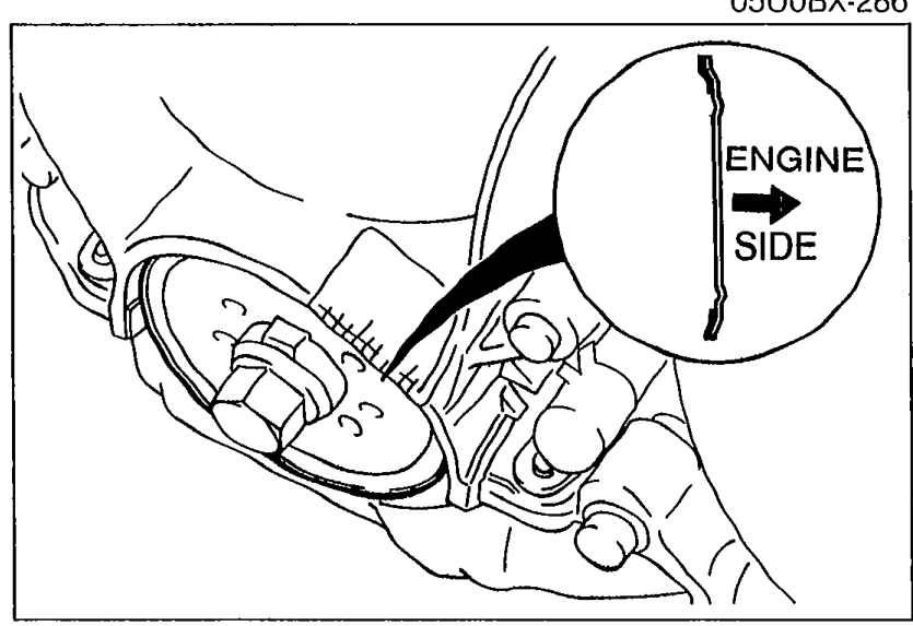 View of timing belt area showing the inner guide plate with arrow callout labeled 'ENGINE SIDE' indicating the proper installation orientation.