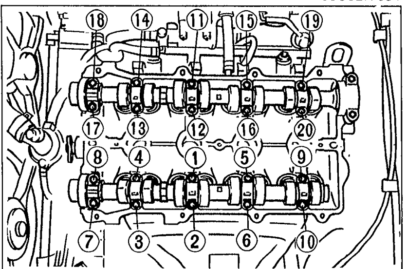 Top view of cylinder head showing the numbered tightening sequence (1 through 20) for camshaft cap bolts.