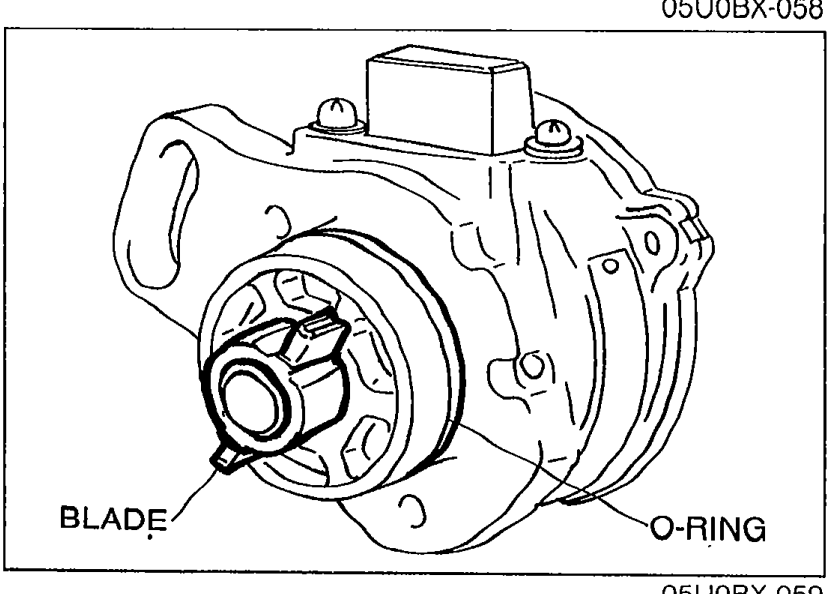 Close-up of the crank angle sensor assembly with callouts to BLADE and O-RING.