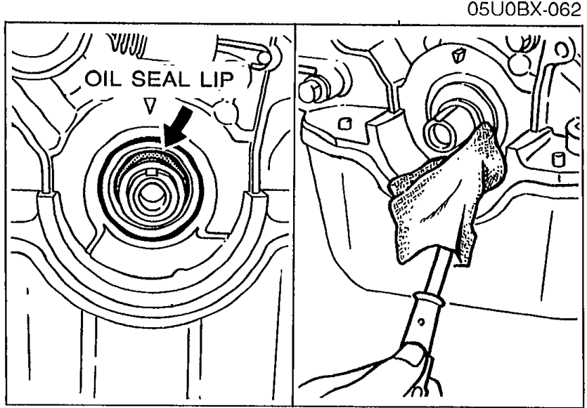 OIL SEAL LIP — cutting the oil seal lip with a razor knife. Arrow labeled OIL SEAL LIP points to the seal at the crankshaft.