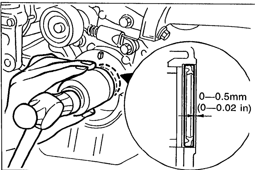 Installation of the oil seal showing the protrusion of the seal from the oil pump body face: dimension 0-0.5 mm (0-0.02 in). A pipe is tapped on the seal with a hammer.