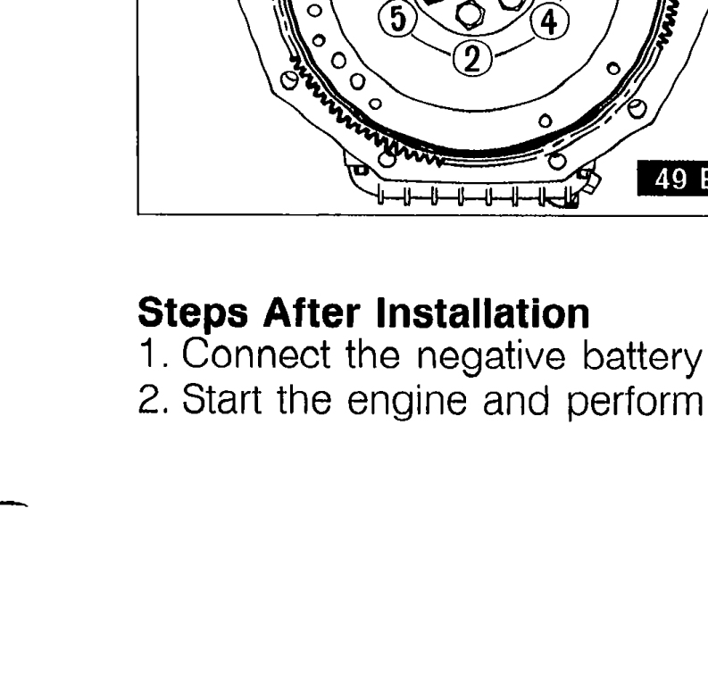 Tightening sequence for the flywheel bolts — six bolts numbered 1 through 6 in a star pattern. SST 49 E301 060 holds the flywheel.