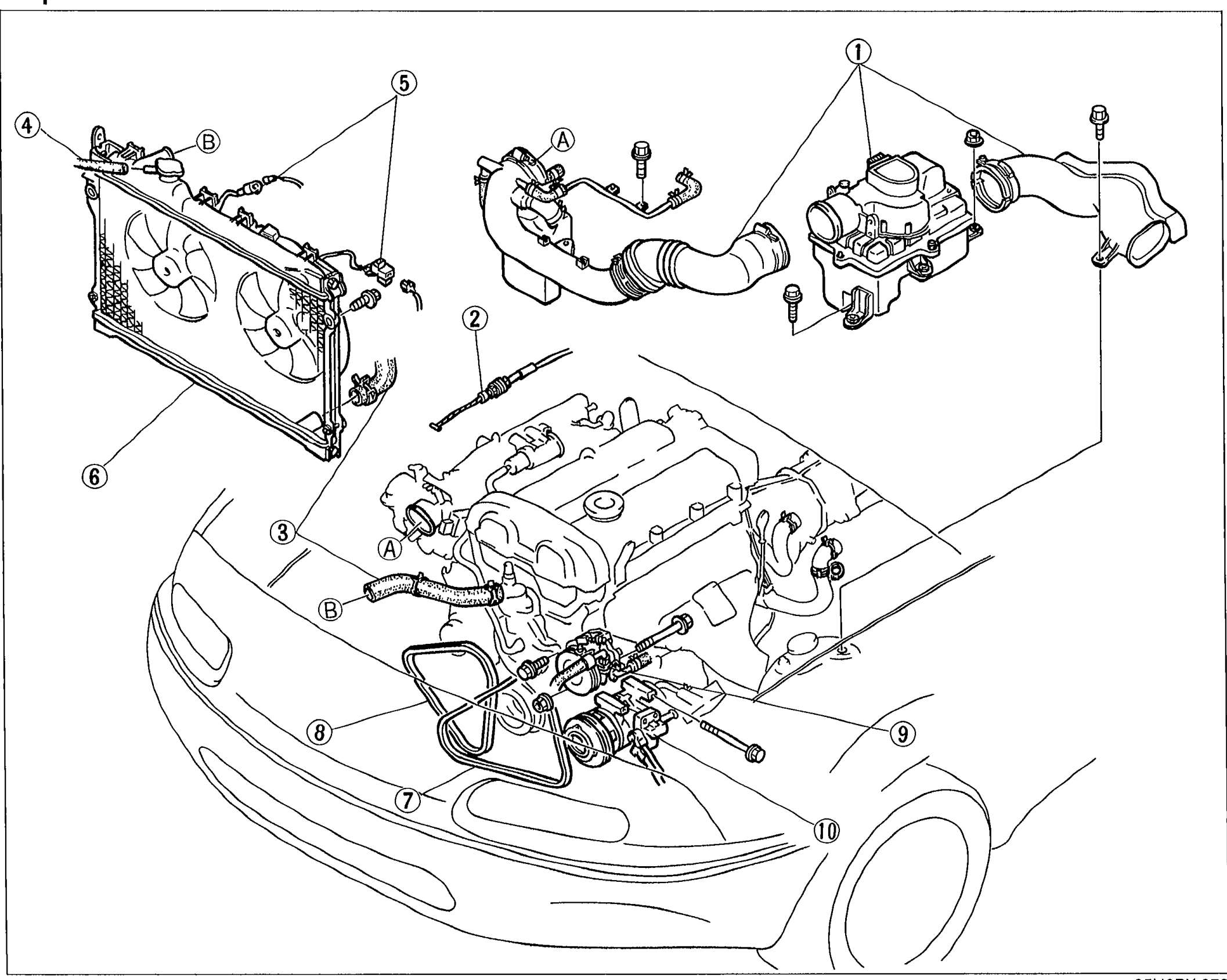 Engine bay overview from the front of the car showing the radiator/cooling fan assembly on the left, engine in the center, and components to remove in Step 1 numbered 1-10: air cleaner (1), accelerator cable (2), radiator hose (3), coolant reservoir hose (4), cooling fan connector (5), radiator and cooling fan assembly (6), P/S and/or A/C drive belt (7), alternator drive belt (8), P/S oil pump (9), A/C compressor (10).