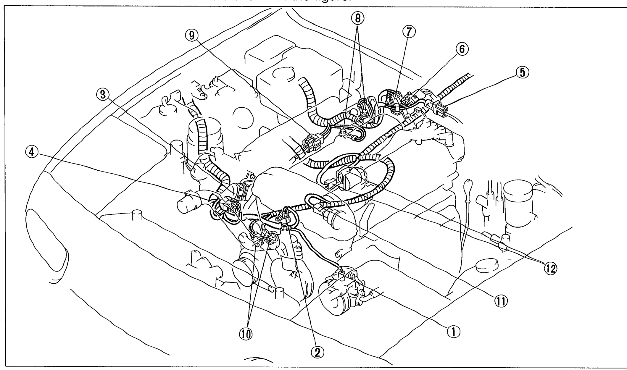 Engine bay overview marking 12 harness connector locations to disconnect: P/S pressure switch (1), water thermoswitch (2), throttle sensor (3), ISC (4), oxygen sensor (5), ignition coil (6), crank angle sensor (7), ground (8), injector (9), alternator (10), oil pressure gauge (11), starter (12).