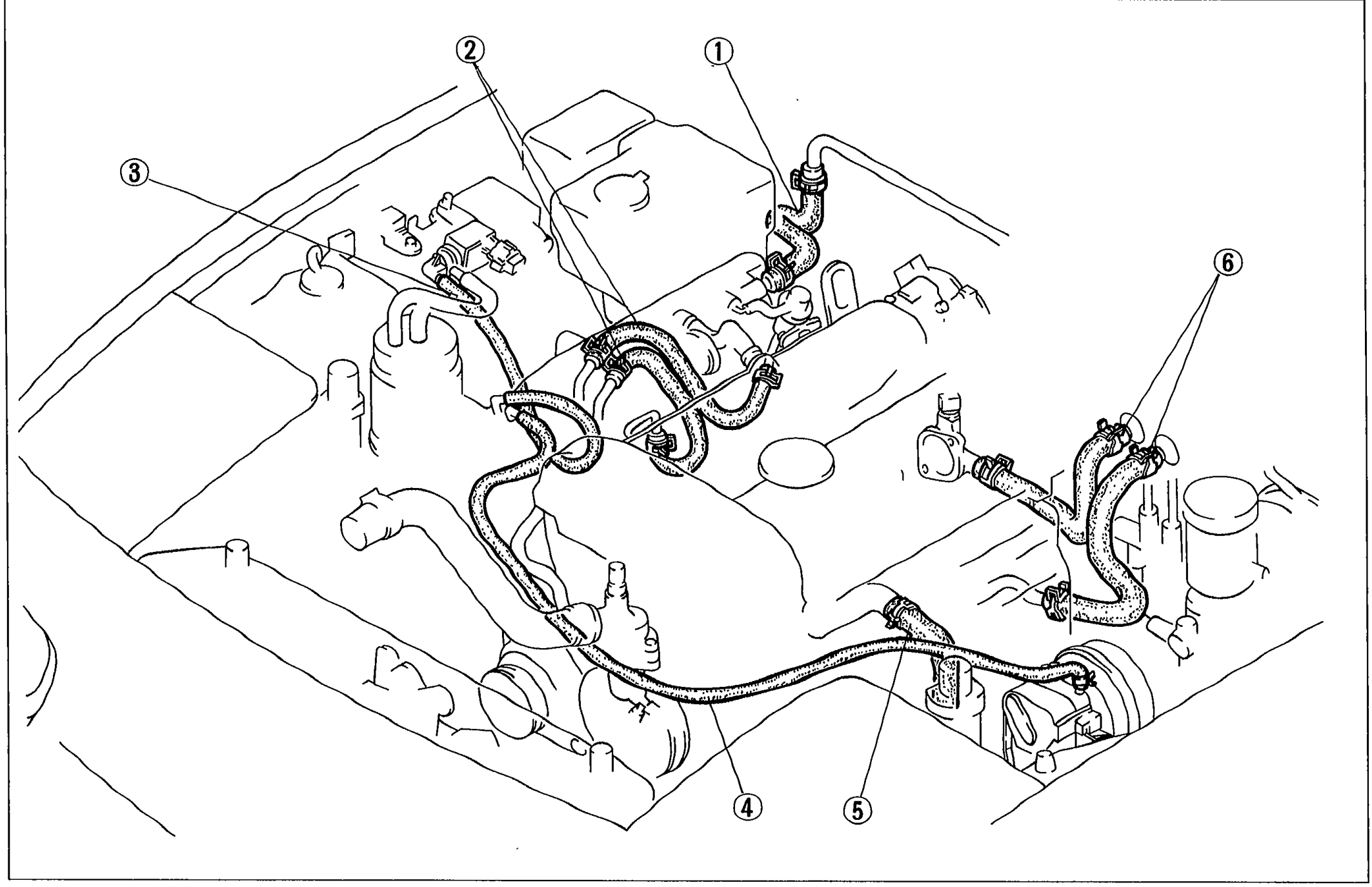 Engine bay top view with arrows marking 6 hoses to disconnect: brake vacuum hose (1), fuel hose (2), vacuum hose Purge control (3), vacuum hose Cruise control (4), water inlet hose (5), heater hose (6).