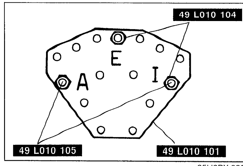 SST bolts and plate assembly. The plate has letters 'A' and 'I' marked on it indicating bolt-hole positions. Tool numbers shown: 49 L010 104 (top), 49 L010 105 (bottom-left), 49 L010 101 (bottom-right).