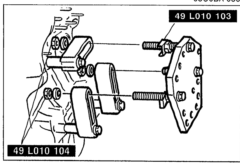 Assembly view of SST nuts, hooks, and bolts attaching the SST plate to the arms. Tool numbers shown: 49 L010 103 (top) and 49 L010 104 (bottom).