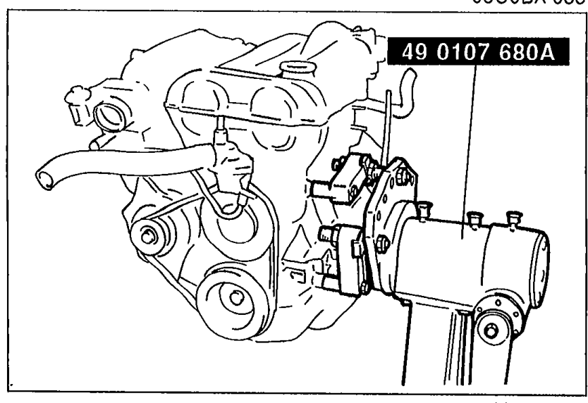 Engine mounted on the SST engine stand (49 0107 680A). Shows the engine attached to the SST with the support arms and plate.