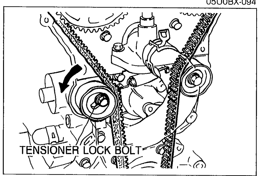 Timing belt tensioner area with arrow indicating the TENSIONER LOCK BOLT to be loosened.