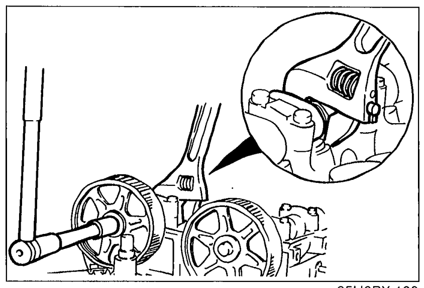 Camshaft pulleys with a wrench engaging one camshaft to hold it while the pulley lock bolt is loosened. A magnified inset shows wrench engagement on the camshaft flat.