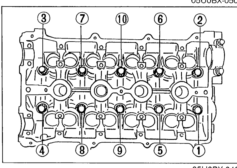 Top view of cylinder head showing cylinder head bolt loosening sequence with 10 numbered positions. Bolts should be loosened in the indicated order in two or three steps.