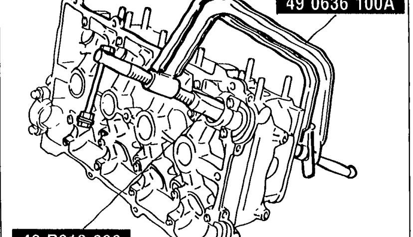 SST 49 0636 100A (arm, valve spring lifter) and SST 49 B012 006 (pivot, valve spring lifter) shown set against the upper valve spring seat to compress the valve spring for keeper removal.