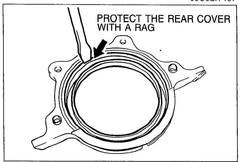 Rear oil seal removal — screwdriver prying the rear oil seal from the rear cover, with note 'PROTECT THE REAR COVER WITH A RAG'.
