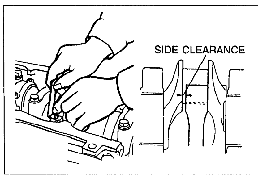 Measuring connecting rod side clearance with a feeler gauge between the connecting rod big-end and crankshaft crank web. Inset shows arrow labelled 'SIDE CLEARANCE'.