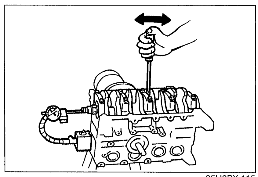 Measuring crankshaft end play with a screwdriver prying the crankshaft fore/aft (double-headed arrow above the screwdriver) and a dial indicator on the bottom of the block.