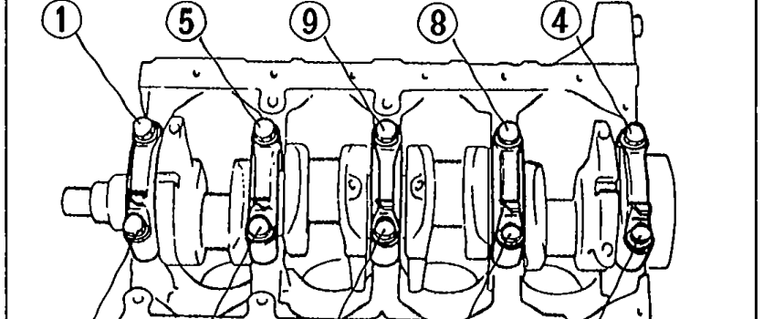 Main bearing cap bolt loosening sequence — top view of inverted cylinder block with 10 main bearing cap bolts numbered 1 through 10 in the loosening order (1, 5, 7, 8, 4 across the top row; 2, 6, 10, 9, 3 across the bottom row).