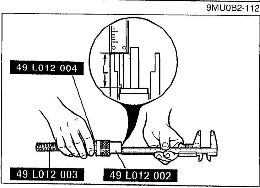 Assembling SST set 49 L012 0A0 for valve guide installation: 49 L012 004 (Nut) at top, 49 L012 003 (Installer) attached, and 49 L012 002 (Body) at bottom. Inset shows the depth L dimension callout used to set installation depth.