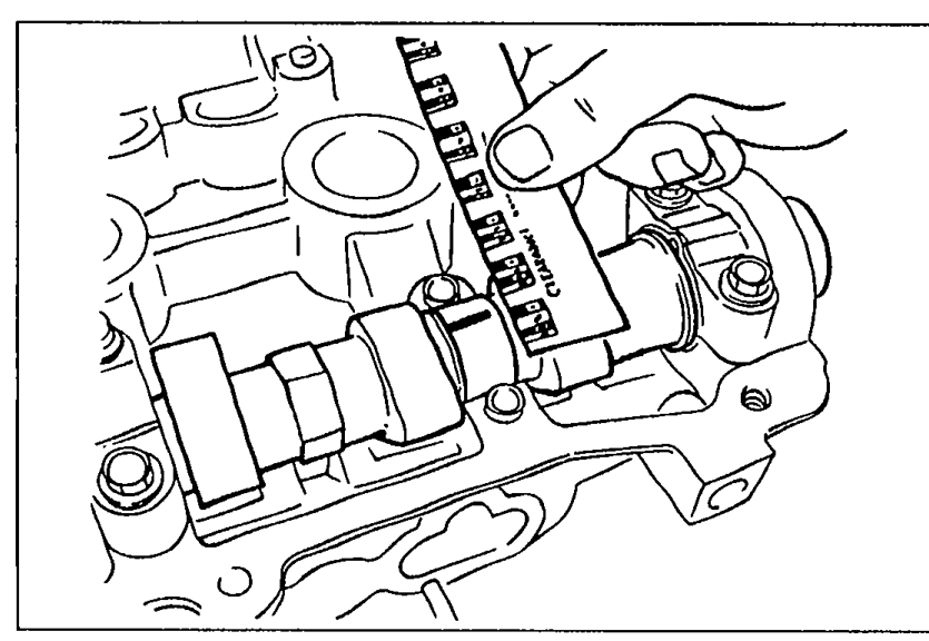 Cylinder head with a precision straight edge laid across the top surface and a feeler gauge being inserted to measure oil clearance / flatness. View from above showing camshaft caps and bearings.