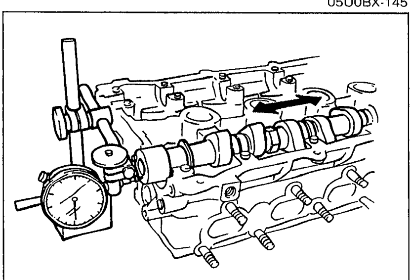 Dial indicator mounted on the cylinder head to measure camshaft end play. The indicator probe rests against the camshaft end.