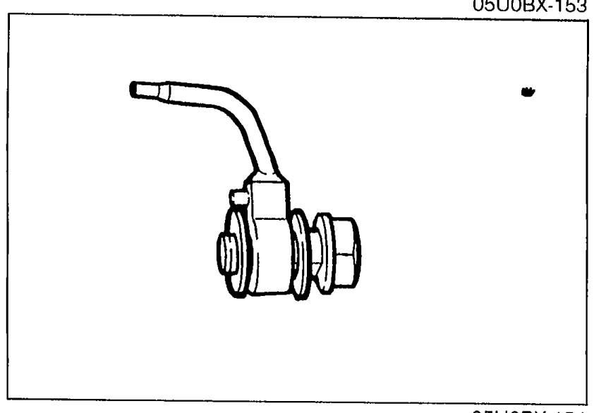 Oil jet component with check ball assembly visible. Shows the small nozzle and base mounting bracket.