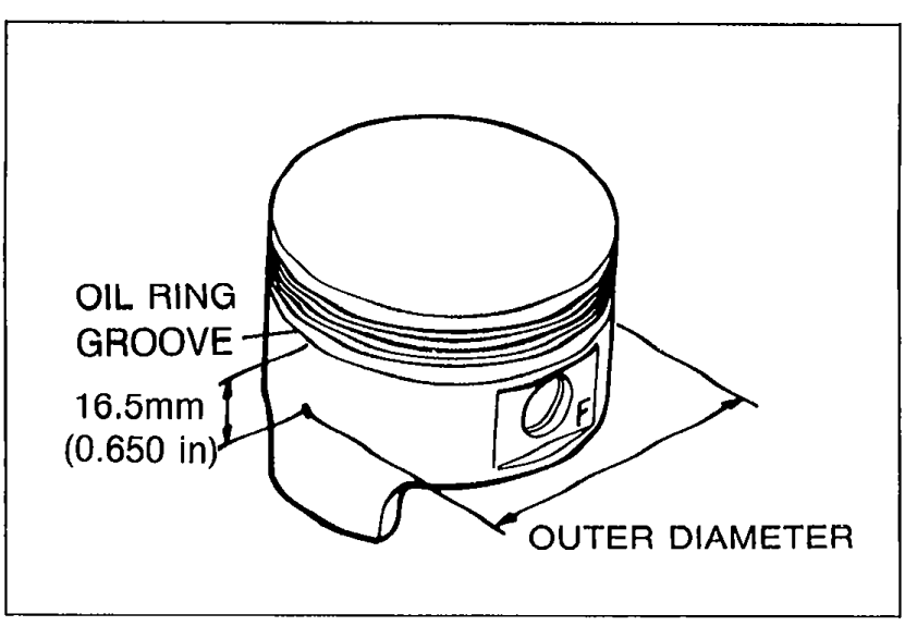 Piston shown with callouts: 'OIL RING GROOVE' on top, '16.5mm (0.650 in)' indicating the measurement location below the oil ring land, and 'OUTER DIAMETER' pointing to the measurement zone on the piston skirt.