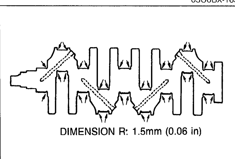 Crankshaft cross-section detail with arrows marking the fillet roll area 'R' between journal and crank web. Note: 'DIMENSION R: 1.5 mm (0.06 in)'.