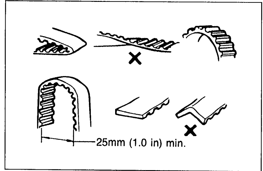 Timing belt handling DO-NOTs: top row shows belts being twisted or bent with X marks indicating forbidden actions; bottom shows the belt bent to 25 mm (1.0 in) minimum bend radius with X marks indicating tighter bends are not allowed.