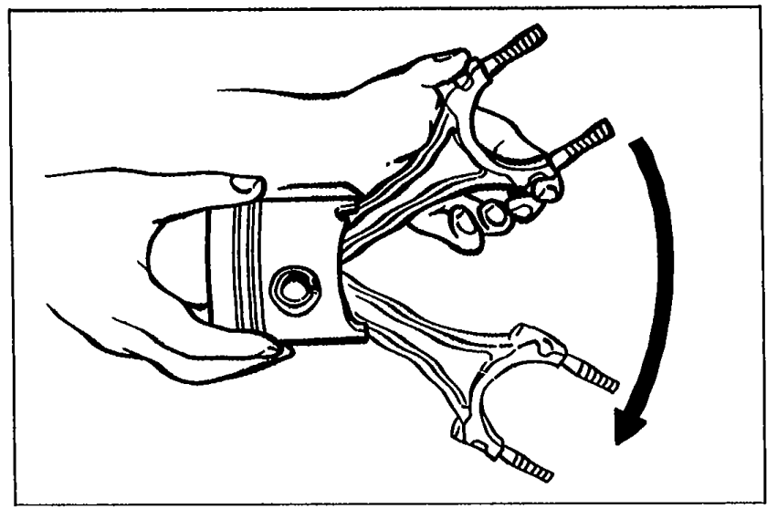 Piston with connecting rod hanging from it, hand holding the piston while the rod swings; curved arrow indicates oscillation/swing motion for the torque check.