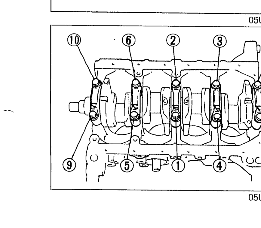 Bottom view of main bearing caps installed showing the tightening sequence numbered 1 through 10 in two/three step pattern. Numbers (6), (4), (2), (3), (5), (7) shown on the upper row of cap bolts and (9), (1), (8), (10) etc. on the lower row indicating cross-pattern tightening order.