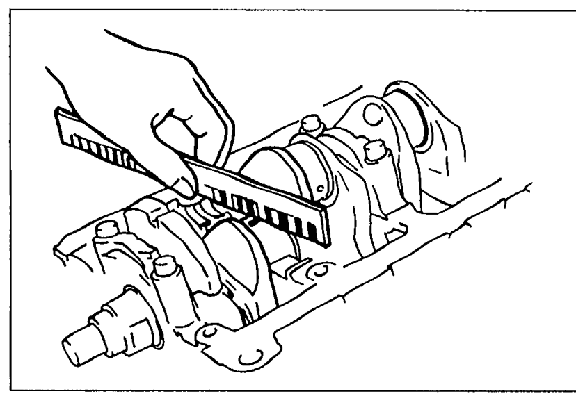 Hands using a Plastigage strip on a crankshaft main journal to measure oil clearance with the main bearing cap removed.