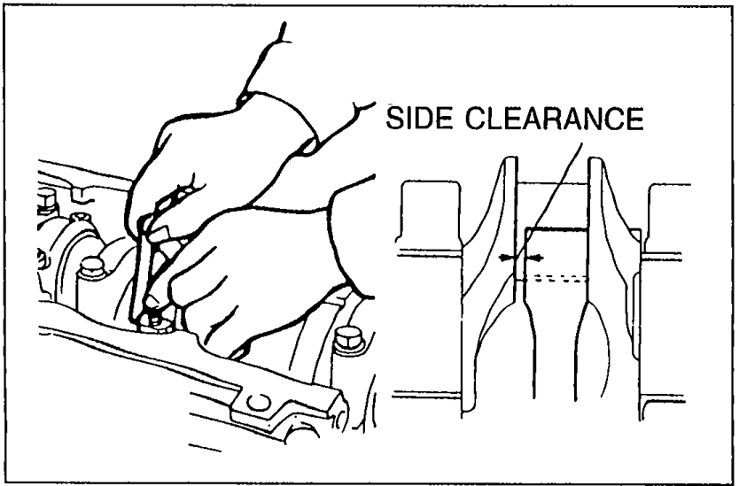 Measuring connecting rod side clearance with a feeler gauge between the connecting rod and the crankshaft web. 'SIDE CLEARANCE' callout indicates the gap being measured.