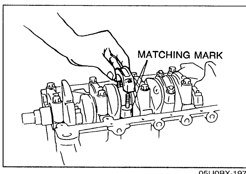 Installing the connecting rod cap on the crankshaft with the 'MATCHING MARK' callout indicating alignment of the marks between rod and cap.