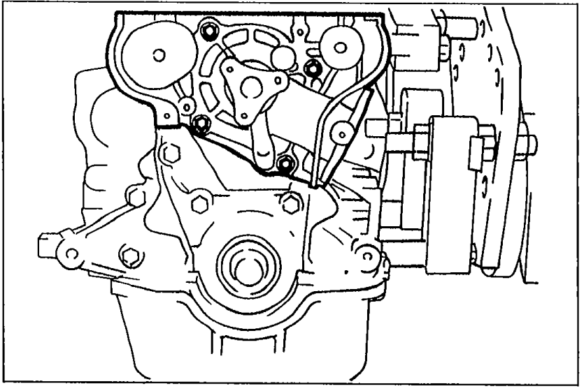 Water pump installed on the cylinder block front showing the pump body, mounting bolts and gasket interface.