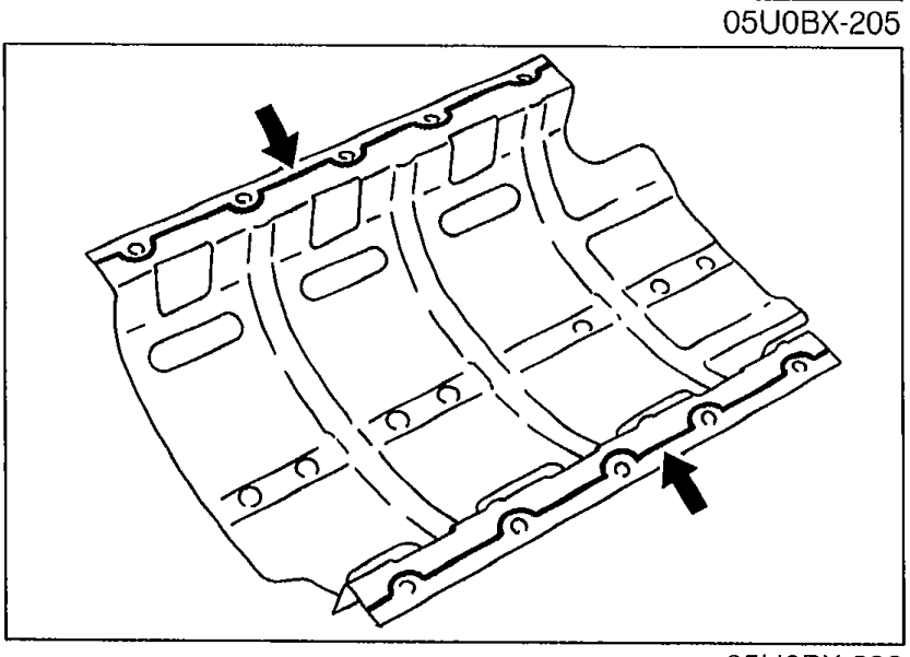 Oil pan baffle plate showing mounting holes with arrows pointing to where silicone sealant is applied along the inside of the bolt holes.