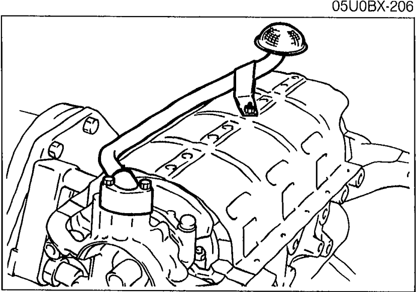 Oil strainer installed on the bottom of the engine block, with the strainer tube and mounting flange visible.