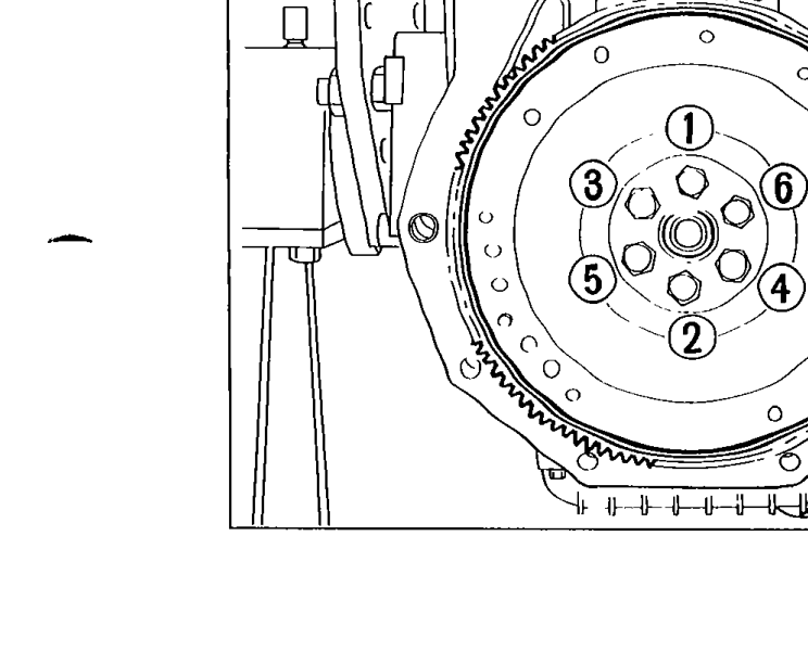Flywheel bolt tightening sequence diagram showing six bolts arranged in a hexagonal pattern numbered 1 through 6. Special service tool 49 E301 060 is shown holding the flywheel.