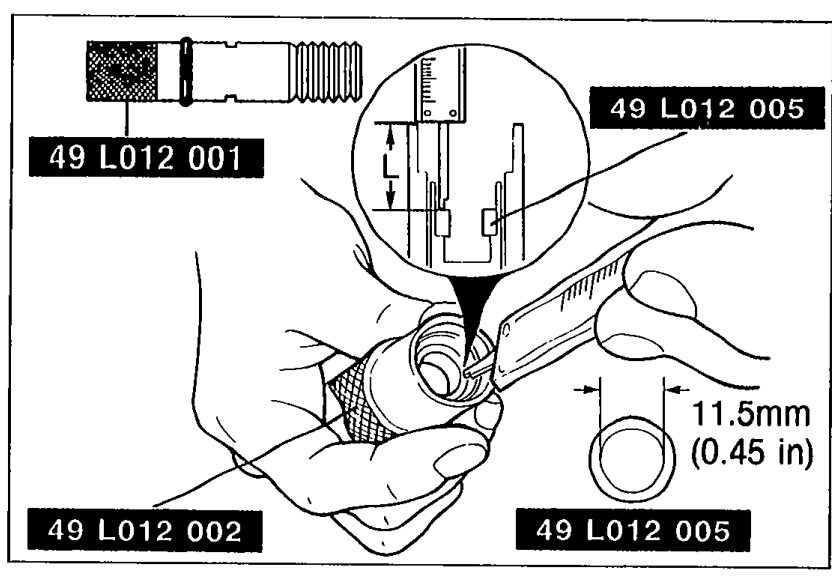 SST valve seal installer assembly being prepared, showing SSTs 49 L012 001, 49 L012 002, and 49 L012 005 assembled to give a working depth L. A separate '11.5 mm (0.45 in)' callout shows a spacer/gauge dimension.